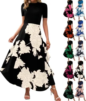 Floral Dress for Women Summer Casual Flowy Short Sleeve Ruffle Empire Waist Pleated Work Prom A Line Maxi Dresses