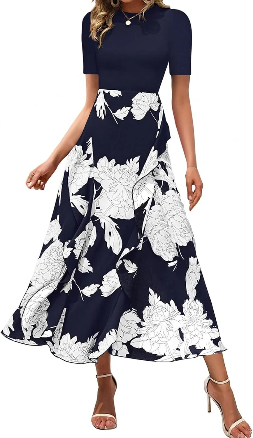 Floral Dress for Women Summer Casual Flowy Short Sleeve Ruffle Empire Waist Pleated Work Prom A Line Maxi Dresses