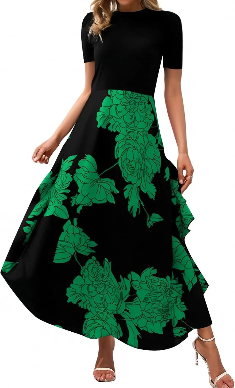 Floral Dress for Women Summer Casual Flowy Short Sleeve Ruffle Empire Waist Pleated Work Prom A Line Maxi Dresses