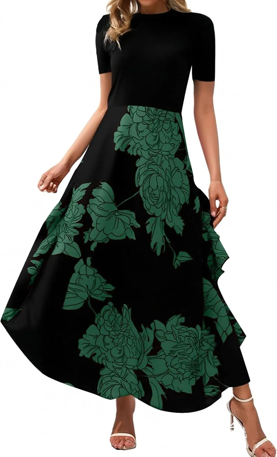 Floral Dress for Women Summer Casual Flowy Short Sleeve Ruffle Empire Waist Pleated Work Prom A Line Maxi Dresses