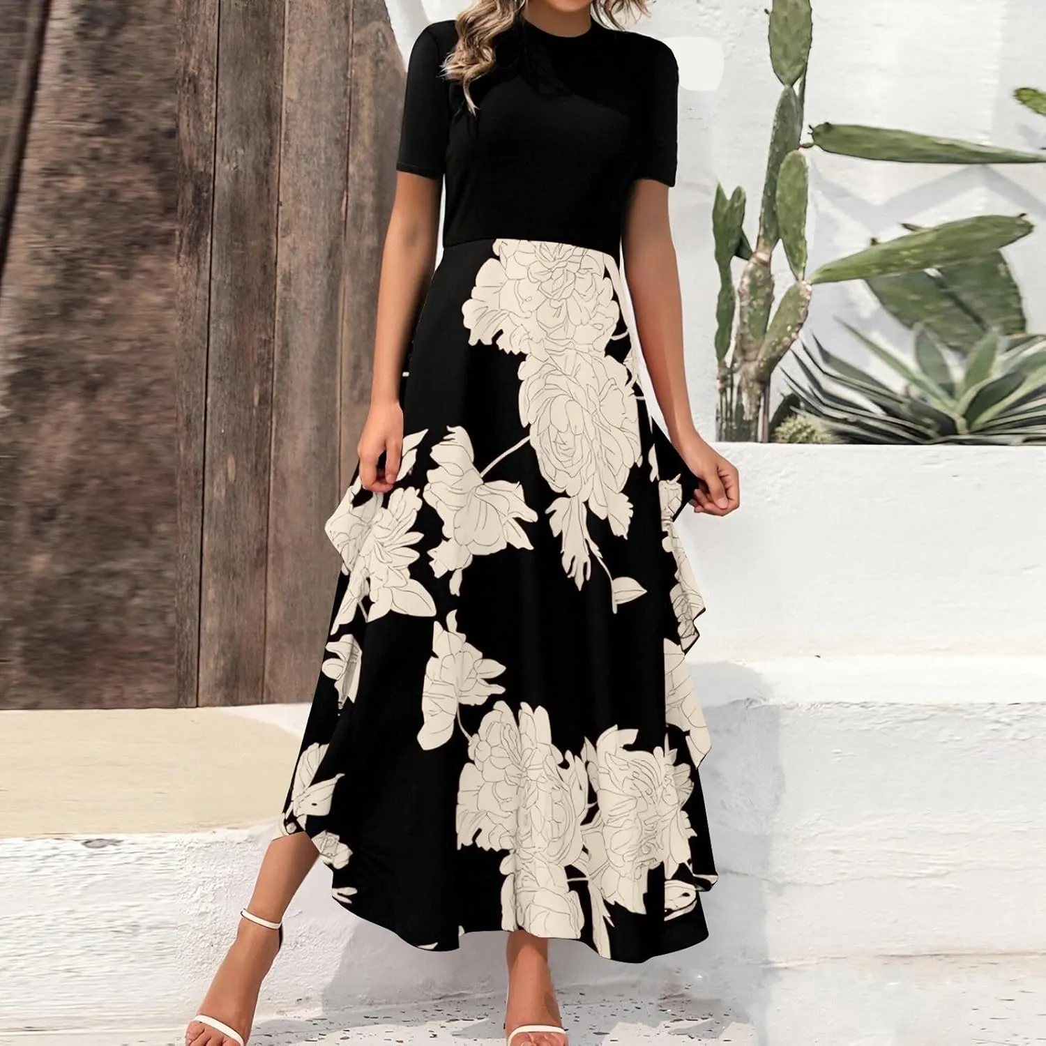 Floral Dress for Women Summer Casual Flowy Short Sleeve Ruffle Empire Waist Pleated Work Prom A Line Maxi Dresses