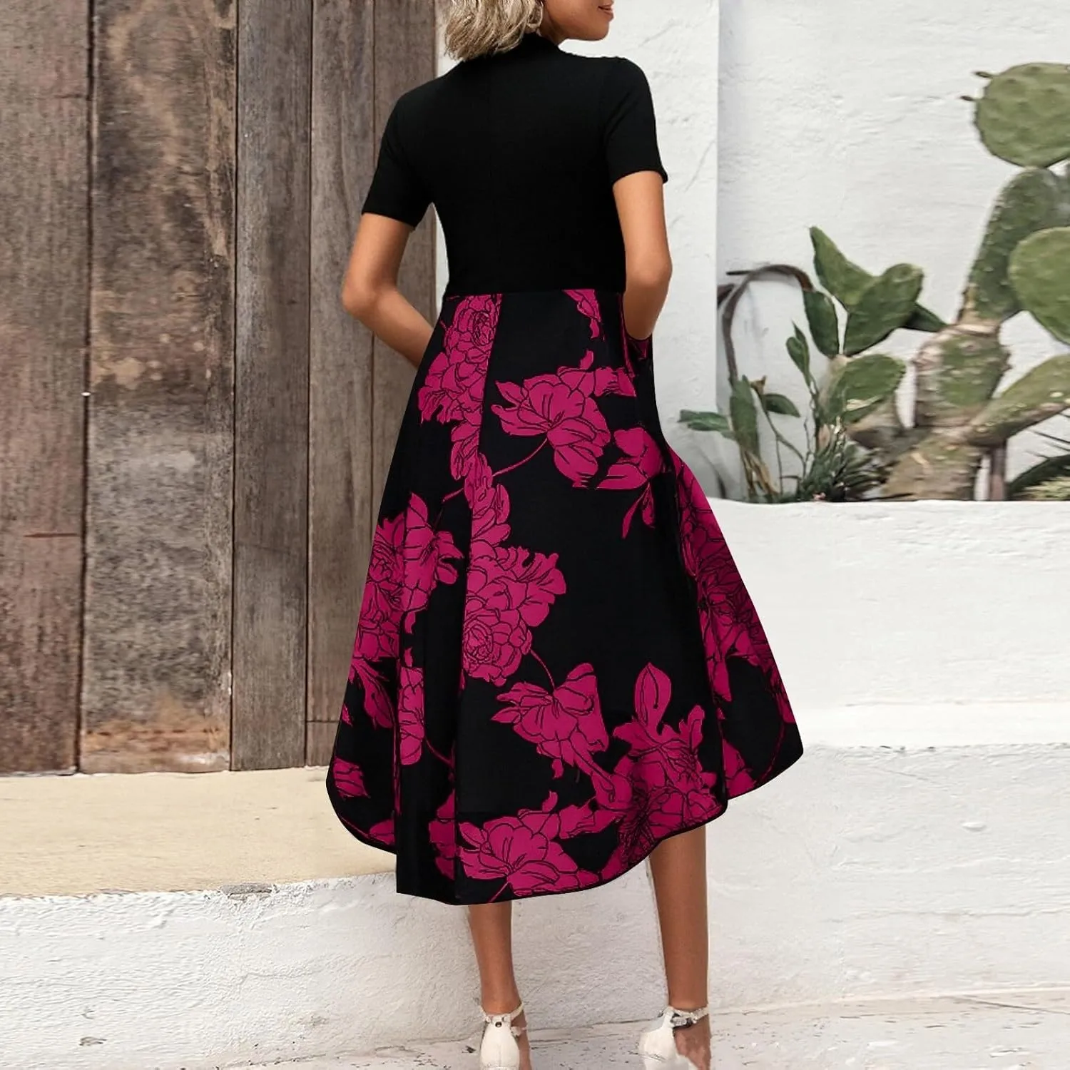 Floral Dress for Women Summer Casual Flowy Short Sleeve Ruffle Empire Waist Pleated Work Prom A Line Maxi Dresses