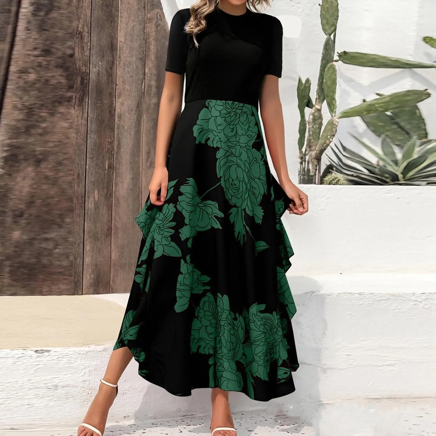 Floral Dress for Women Summer Casual Flowy Short Sleeve Ruffle Empire Waist Pleated Work Prom A Line Maxi Dresses