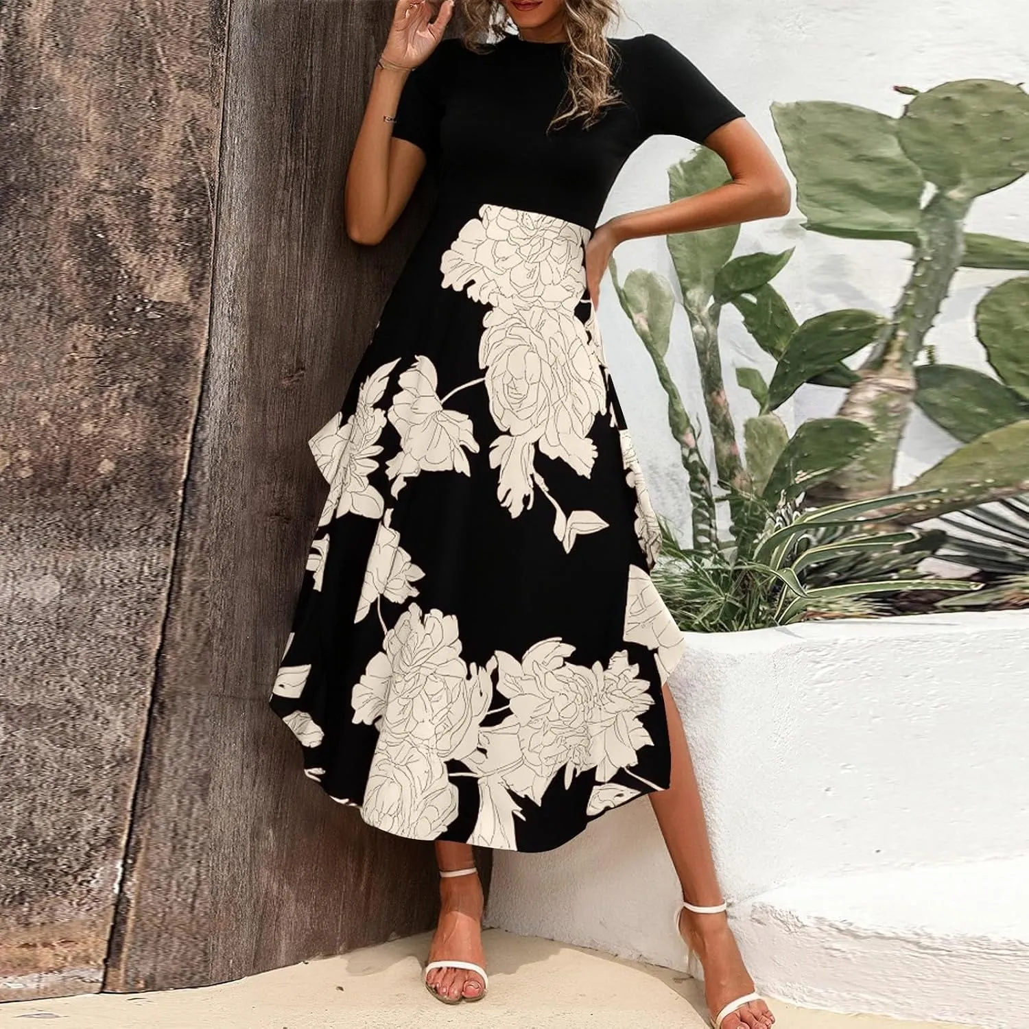 Floral Dress for Women Summer Casual Flowy Short Sleeve Ruffle Empire Waist Pleated Work Prom A Line Maxi Dresses