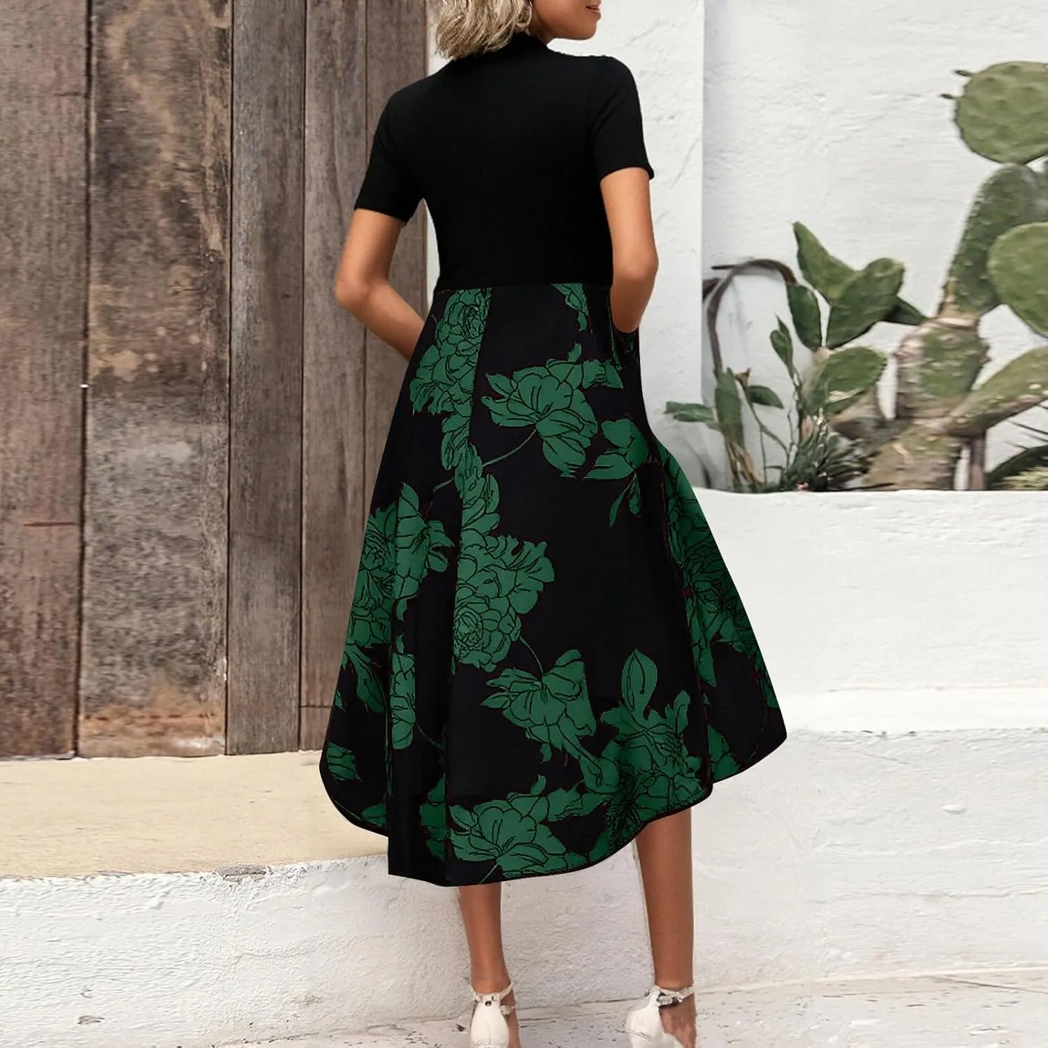 Floral Dress for Women Summer Casual Flowy Short Sleeve Ruffle Empire Waist Pleated Work Prom A Line Maxi Dresses