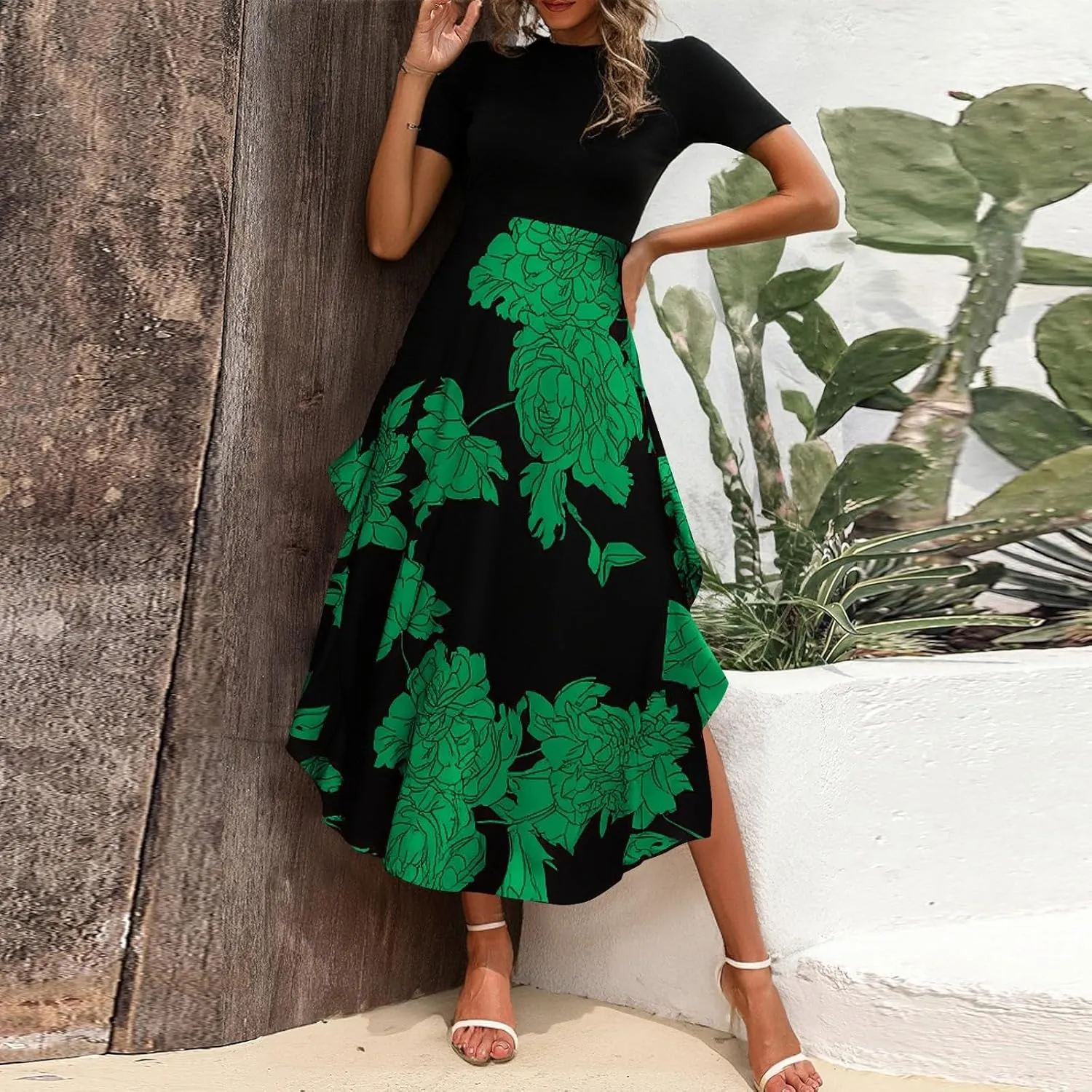 Floral Dress for Women Summer Casual Flowy Short Sleeve Ruffle Empire Waist Pleated Work Prom A Line Maxi Dresses