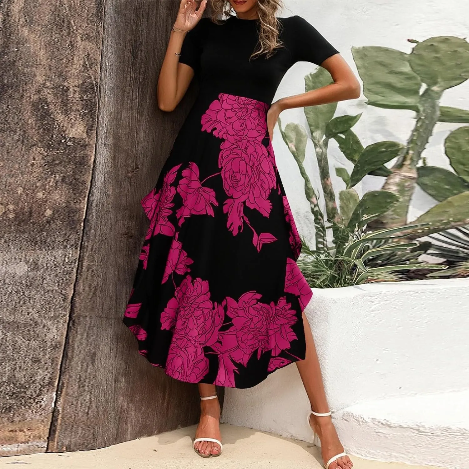 Floral Dress for Women Summer Casual Flowy Short Sleeve Ruffle Empire Waist Pleated Work Prom A Line Maxi Dresses