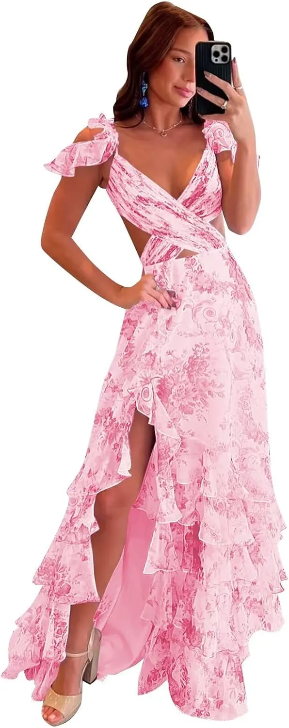 Floral Prom Dress 2025 V Neck Open Back A Line Ruffles Tiered Chiffon Cold Shoulder Criss-Cross Formal Gown with Slit