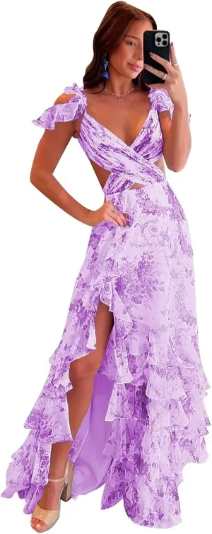 Floral Prom Dress 2025 V Neck Open Back A Line Ruffles Tiered Chiffon Cold Shoulder Criss-Cross Formal Gown with Slit
