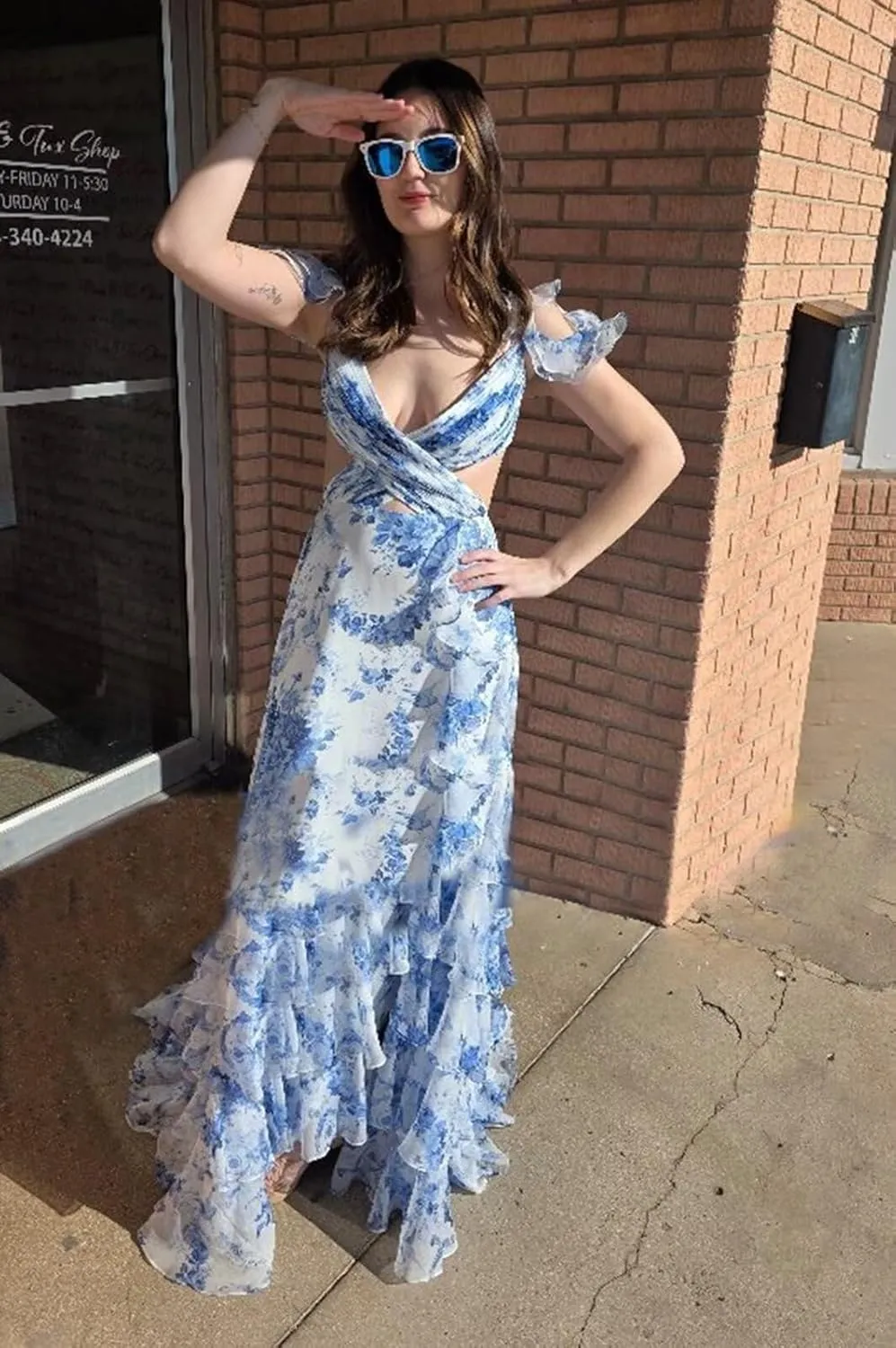 Floral Prom Dress 2025 V Neck Open Back A Line Ruffles Tiered Chiffon Cold Shoulder Criss-Cross Formal Gown with Slit