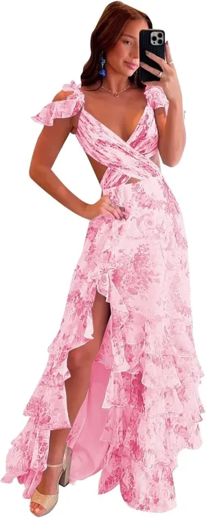 Floral Prom Dress 2025 V Neck Open Back A Line Ruffles Tiered Chiffon Cold Shoulder Criss-Cross Formal Gown with Slit