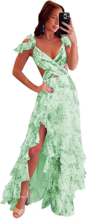 Floral Prom Dress 2025 V Neck Open Back A Line Ruffles Tiered Chiffon Cold Shoulder Criss-Cross Formal Gown with Slit