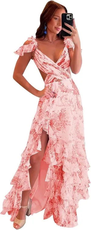 Floral Prom Dress 2025 V Neck Open Back A Line Ruffles Tiered Chiffon Cold Shoulder Criss-Cross Formal Gown with Slit