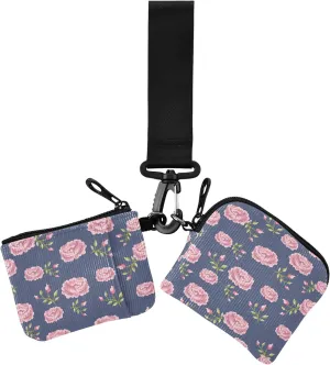 Floral Watercolor Pink Roses Blooming Foliage Leaf Women's Wallets Card Cases Minimalist Zipper Cash Coin Purse with Wristle Strap for Men Women 2 Pcs