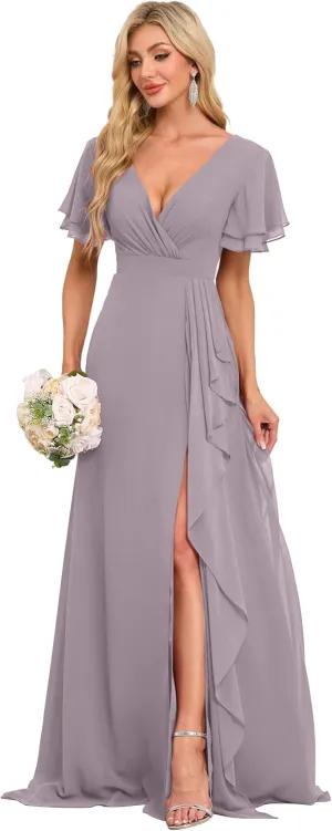 Flutter Sleeve Chiffon Bridesmaid Dresses for Women Long Ruched Chiffon A Line Formal Dresses with Slit EA021