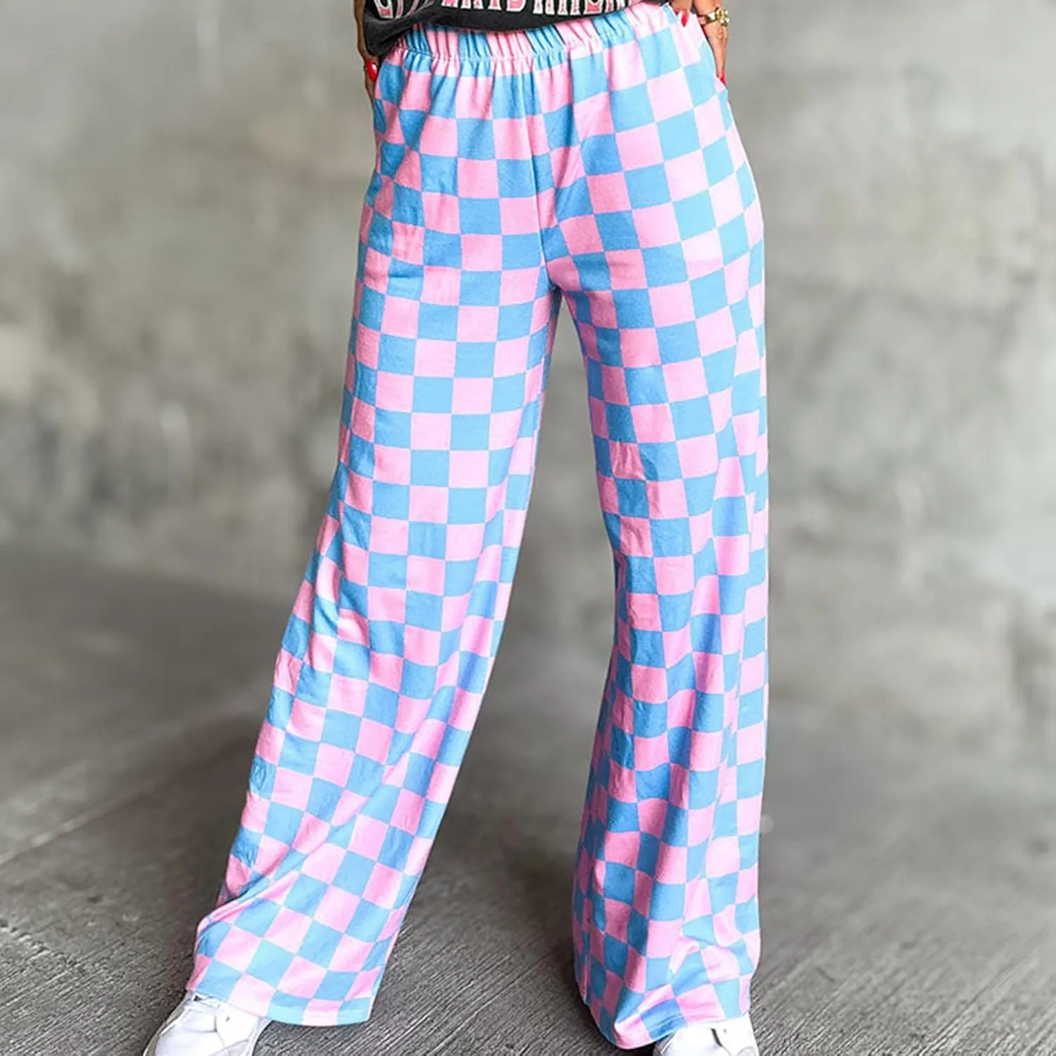 FOMOYUU Womens Gingham Wide Leg Pants Trendy Elastic High Waist Loose Checkerboard Trousers Casual Bottoms Loungewear
