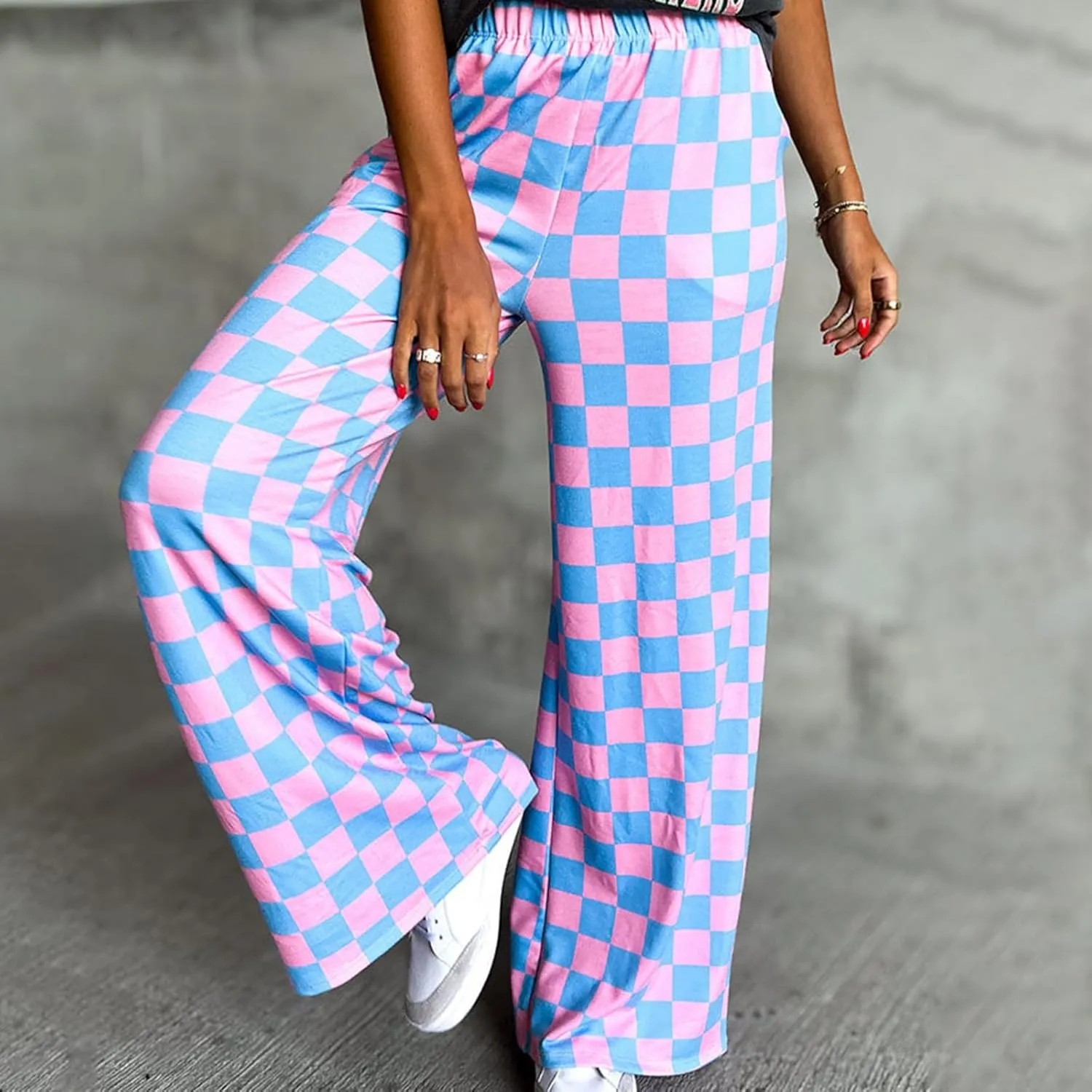 FOMOYUU Womens Gingham Wide Leg Pants Trendy Elastic High Waist Loose Checkerboard Trousers Casual Bottoms Loungewear