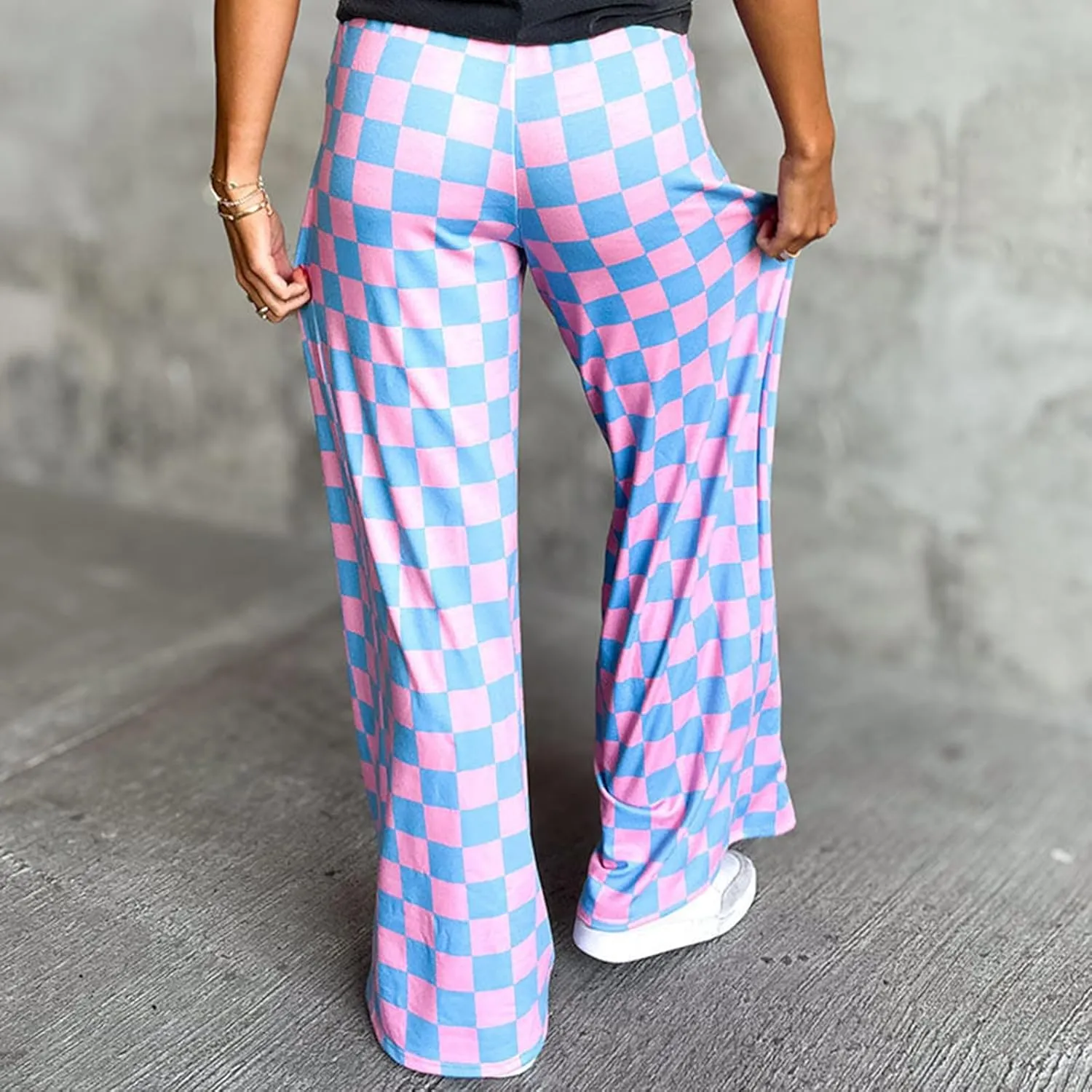 FOMOYUU Womens Gingham Wide Leg Pants Trendy Elastic High Waist Loose Checkerboard Trousers Casual Bottoms Loungewear