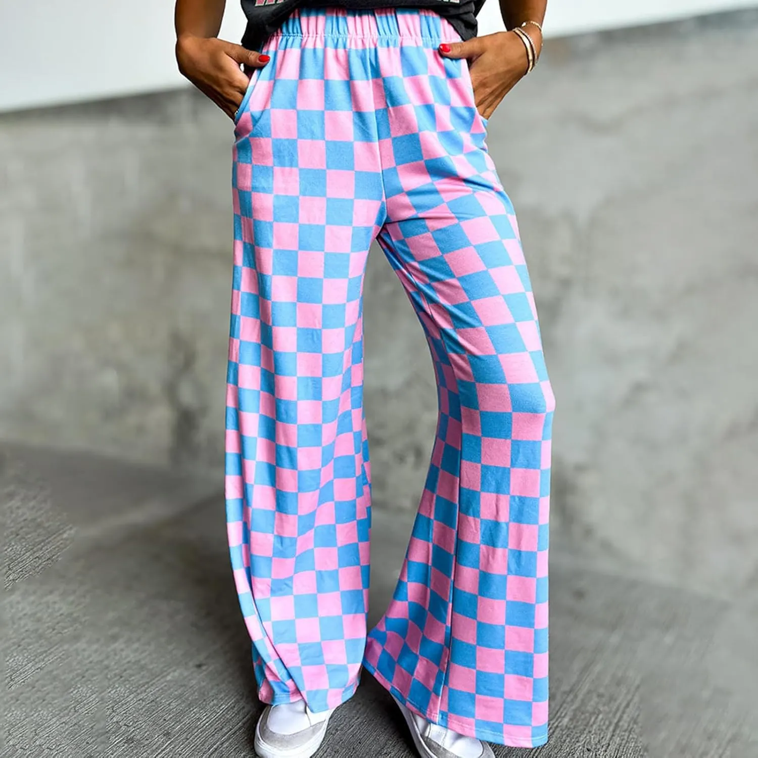 FOMOYUU Womens Gingham Wide Leg Pants Trendy Elastic High Waist Loose Checkerboard Trousers Casual Bottoms Loungewear