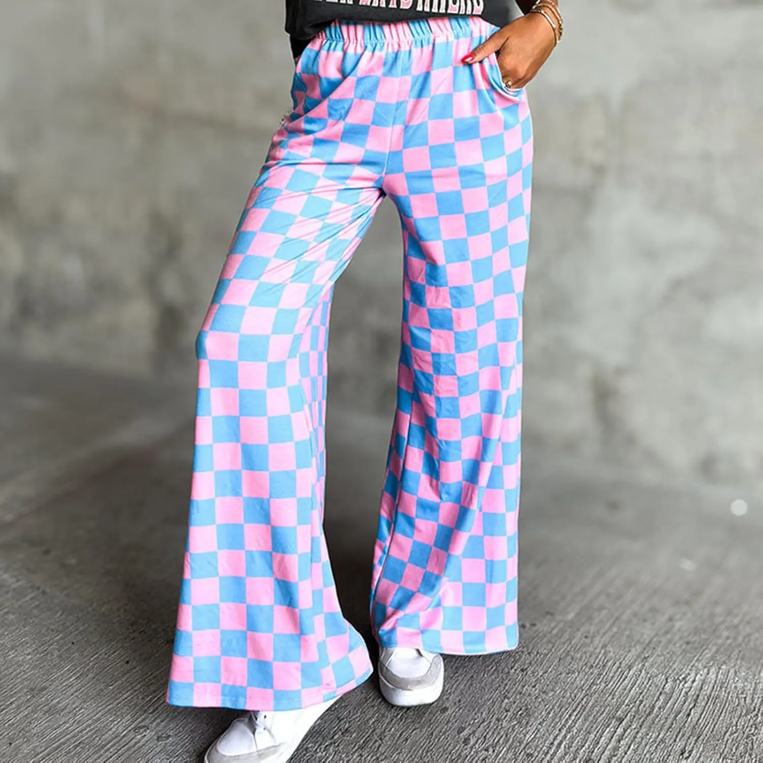 FOMOYUU Womens Gingham Wide Leg Pants Trendy Elastic High Waist Loose Checkerboard Trousers Casual Bottoms Loungewear