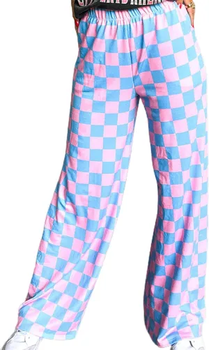 FOMOYUU Womens Gingham Wide Leg Pants Trendy Elastic High Waist Loose Checkerboard Trousers Casual Bottoms Loungewear