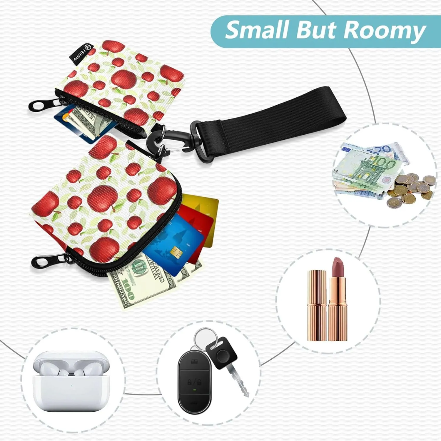 Fruit Apples Women's Card Cases Change Holder Small Portable Card Money Holder with Wristle Strap for Men Women 2 Pcs