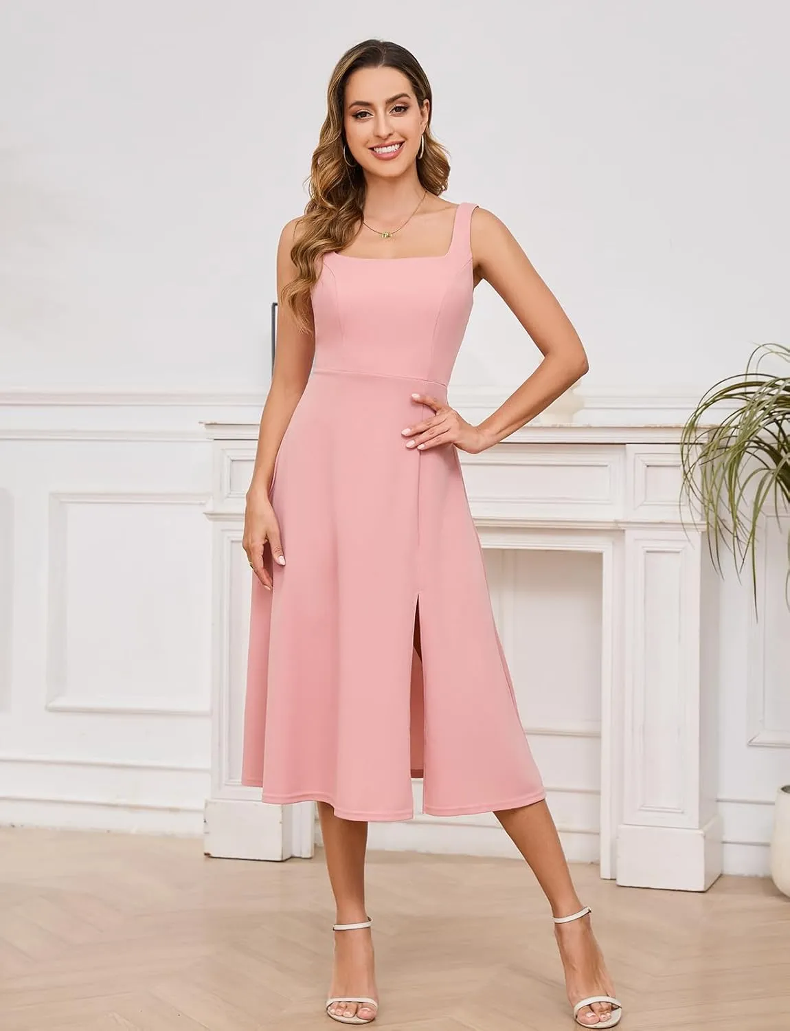 Gardenwed Womens Long Cocktail Dress Sleeveless Square Neck Summer Formal Wedding Guest Bridesmaid Swing Split Dresses