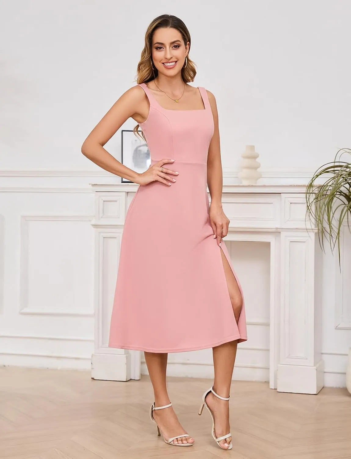 Gardenwed Womens Long Cocktail Dress Sleeveless Square Neck Summer Formal Wedding Guest Bridesmaid Swing Split Dresses