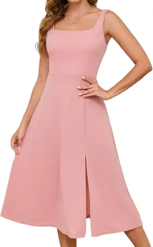Gardenwed Womens Long Cocktail Dress Sleeveless Square Neck Summer Formal Wedding Guest Bridesmaid Swing Split Dresses