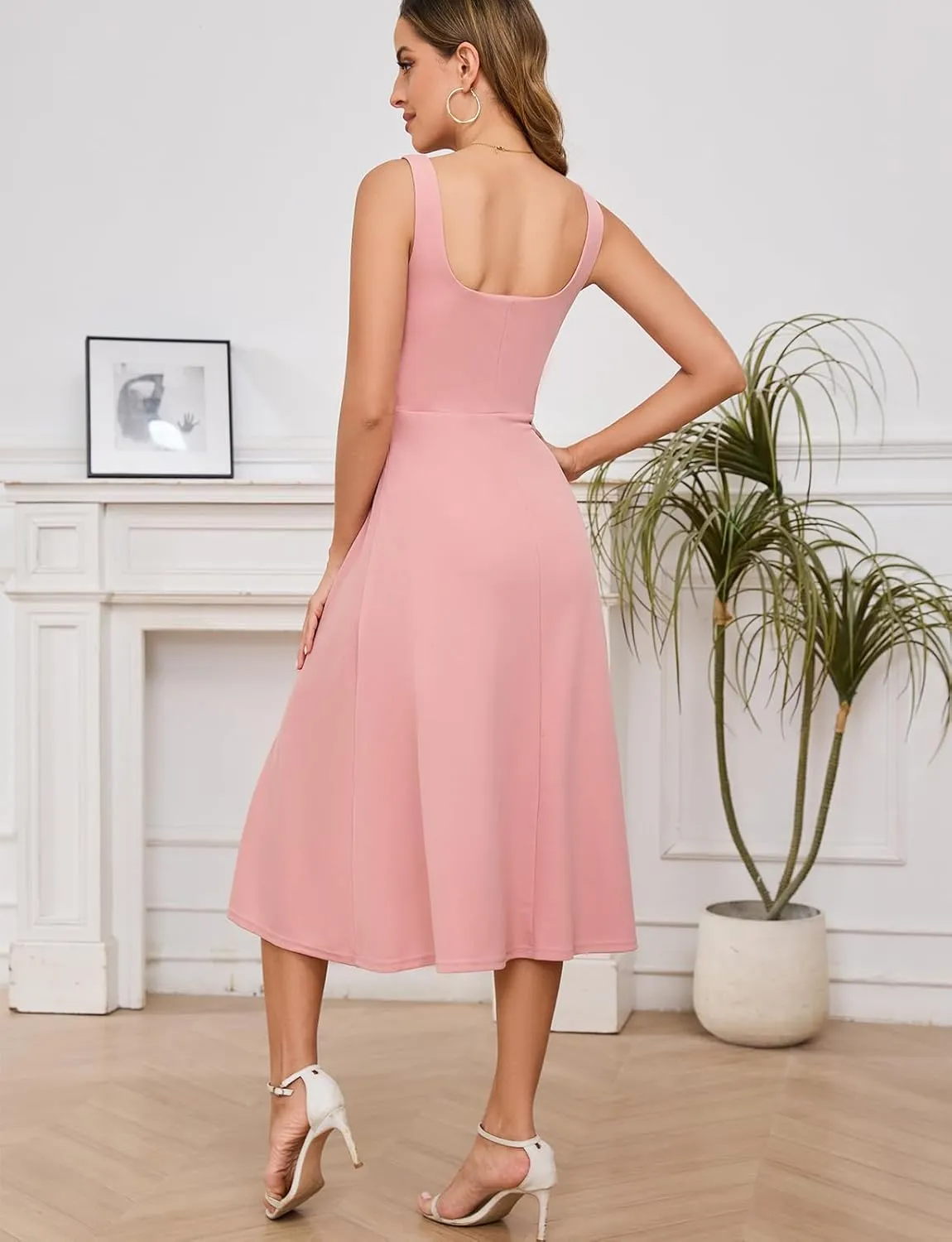 Gardenwed Womens Long Cocktail Dress Sleeveless Square Neck Summer Formal Wedding Guest Bridesmaid Swing Split Dresses