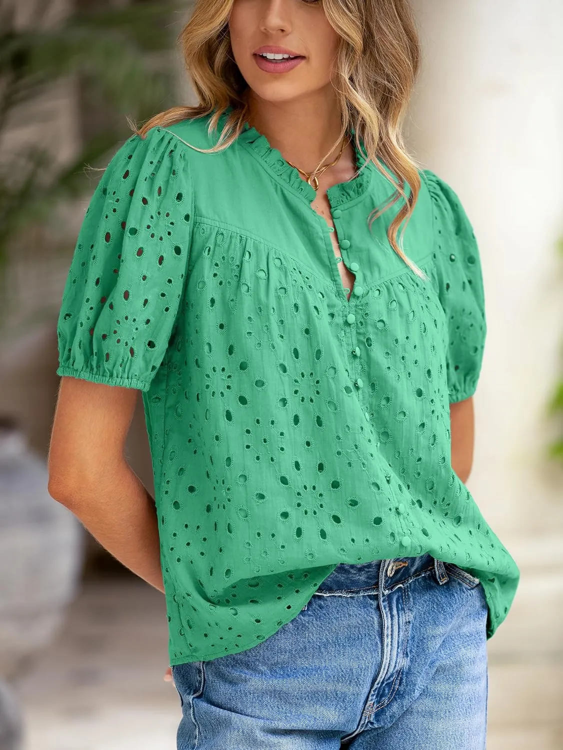 Glamaker Womens Summer Tops Blouse 2025 Casual Eyelet Embroidered Short Puff Sleeve Lace Hollow Out Button Dressy Shirts