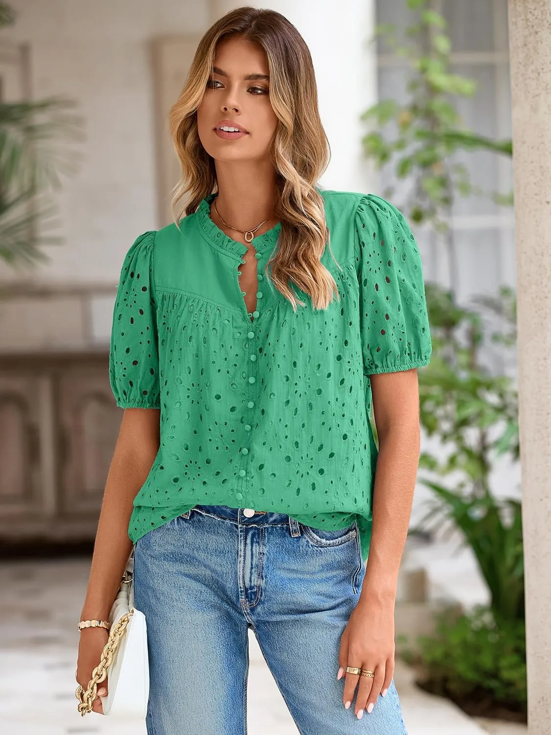 Glamaker Womens Summer Tops Blouse 2025 Casual Eyelet Embroidered Short Puff Sleeve Lace Hollow Out Button Dressy Shirts