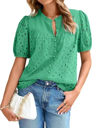 Glamaker Womens Summer Tops Blouse 2025 Casual Eyelet Embroidered Short Puff Sleeve Lace Hollow Out Button Dressy Shirts