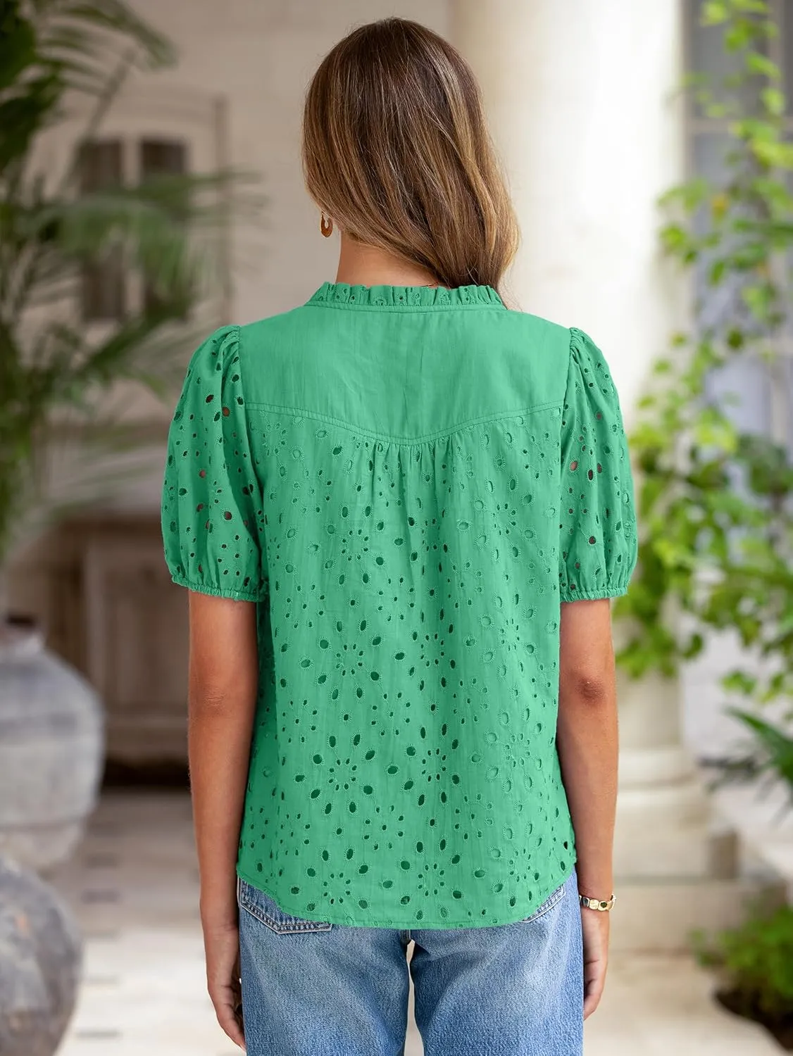 Glamaker Womens Summer Tops Blouse 2025 Casual Eyelet Embroidered Short Puff Sleeve Lace Hollow Out Button Dressy Shirts