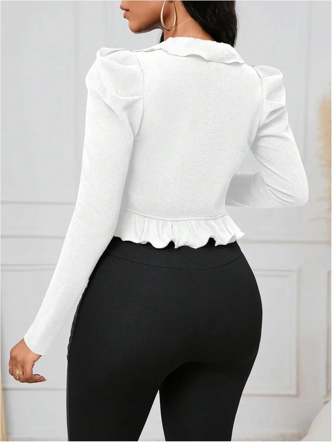 GORGLITTER Women's Ruffle Cropped Blazer Jacket Business Casual Open Front Puff Long Sleeve Bolero Jackets