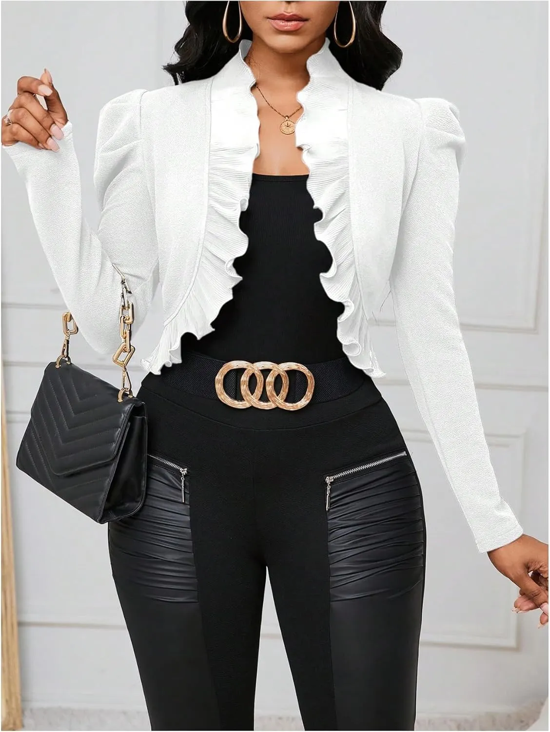 GORGLITTER Women's Ruffle Cropped Blazer Jacket Business Casual Open Front Puff Long Sleeve Bolero Jackets
