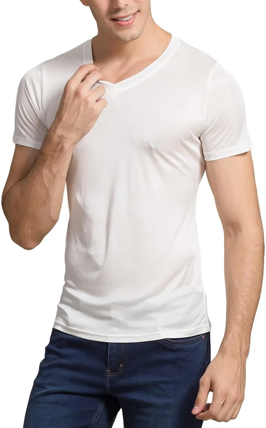 Grenasasilk Mens Mulberry Silk T-Shirts Short Sleeve Pure Silk Dress Tee Shirts Breathable & Moisture V-Neck Undershirt Top