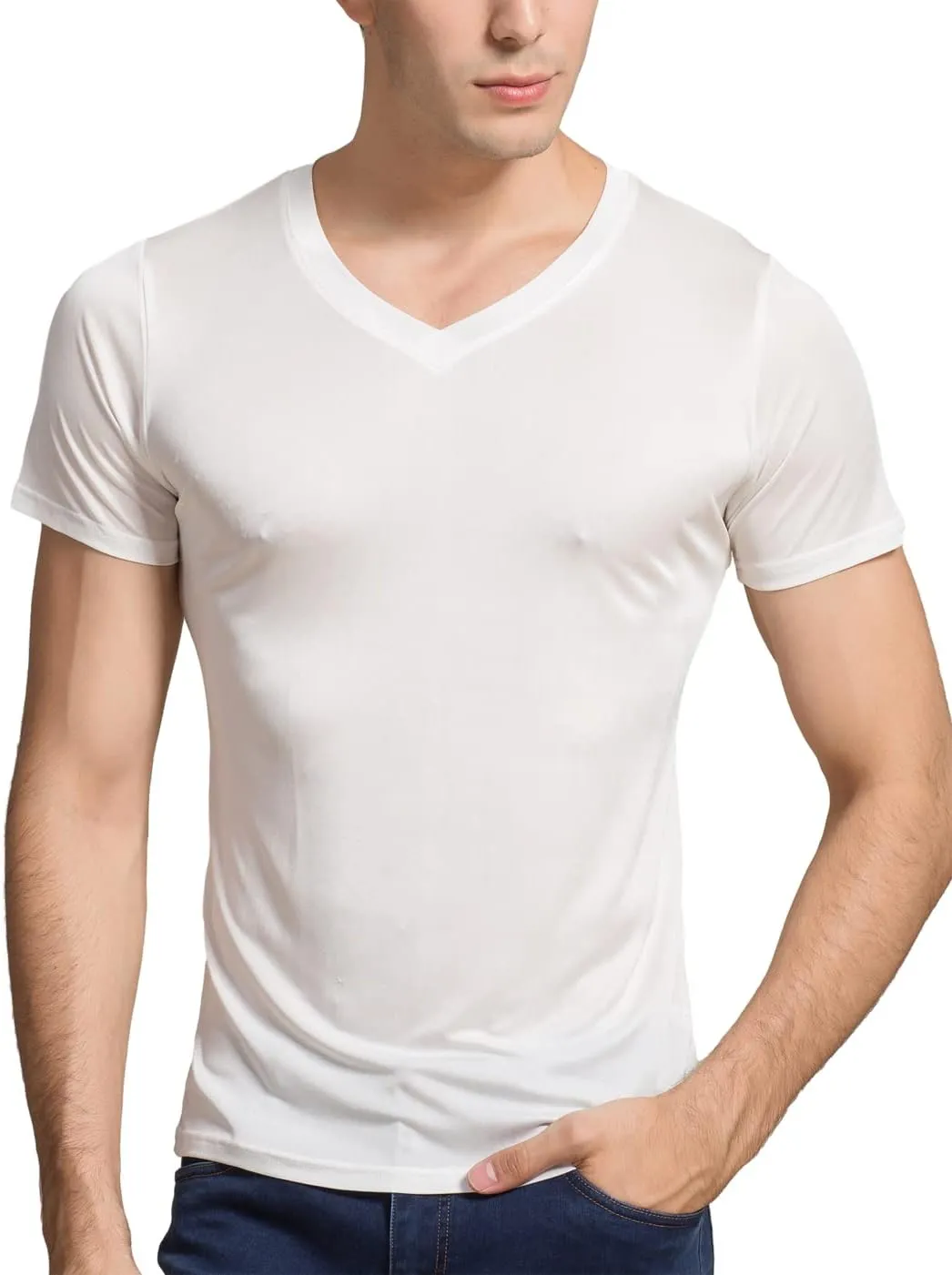 Grenasasilk Mens Mulberry Silk T-Shirts Short Sleeve Pure Silk Dress Tee Shirts Breathable & Moisture V-Neck Undershirt Top