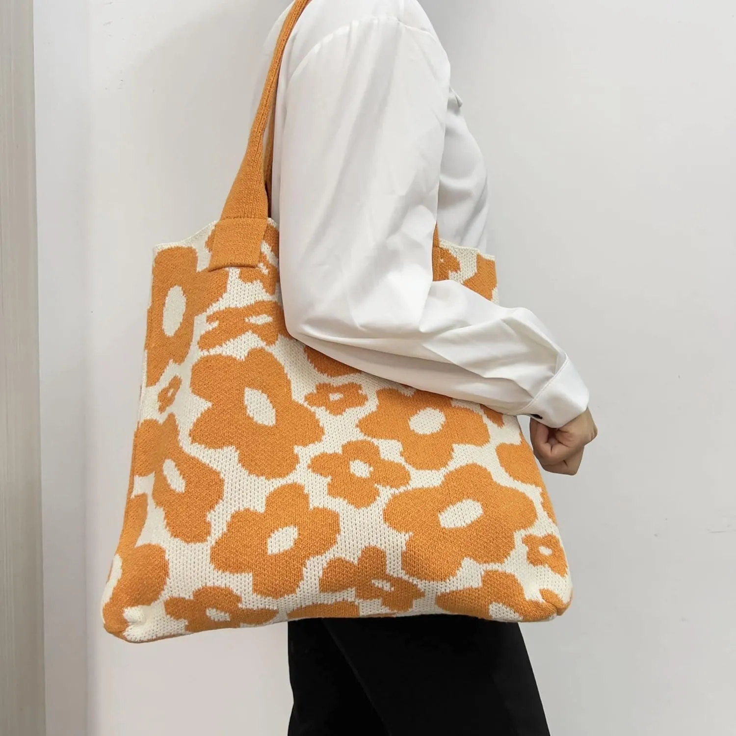 Grunge Knitted Tote Bag Y2K Fairycore Flower Shoulder Bag Aesthetic Hobo Bag Indie Crossbody Bag Alt Purse Accessories