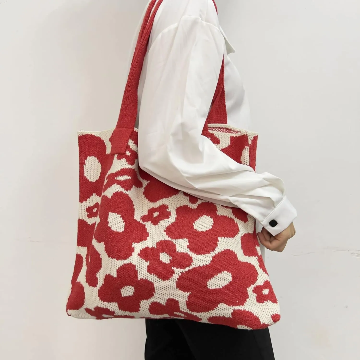 Grunge Knitted Tote Bag Y2K Fairycore Flower Shoulder Bag Aesthetic Hobo Bag Indie Crossbody Bag Alt Purse Accessories