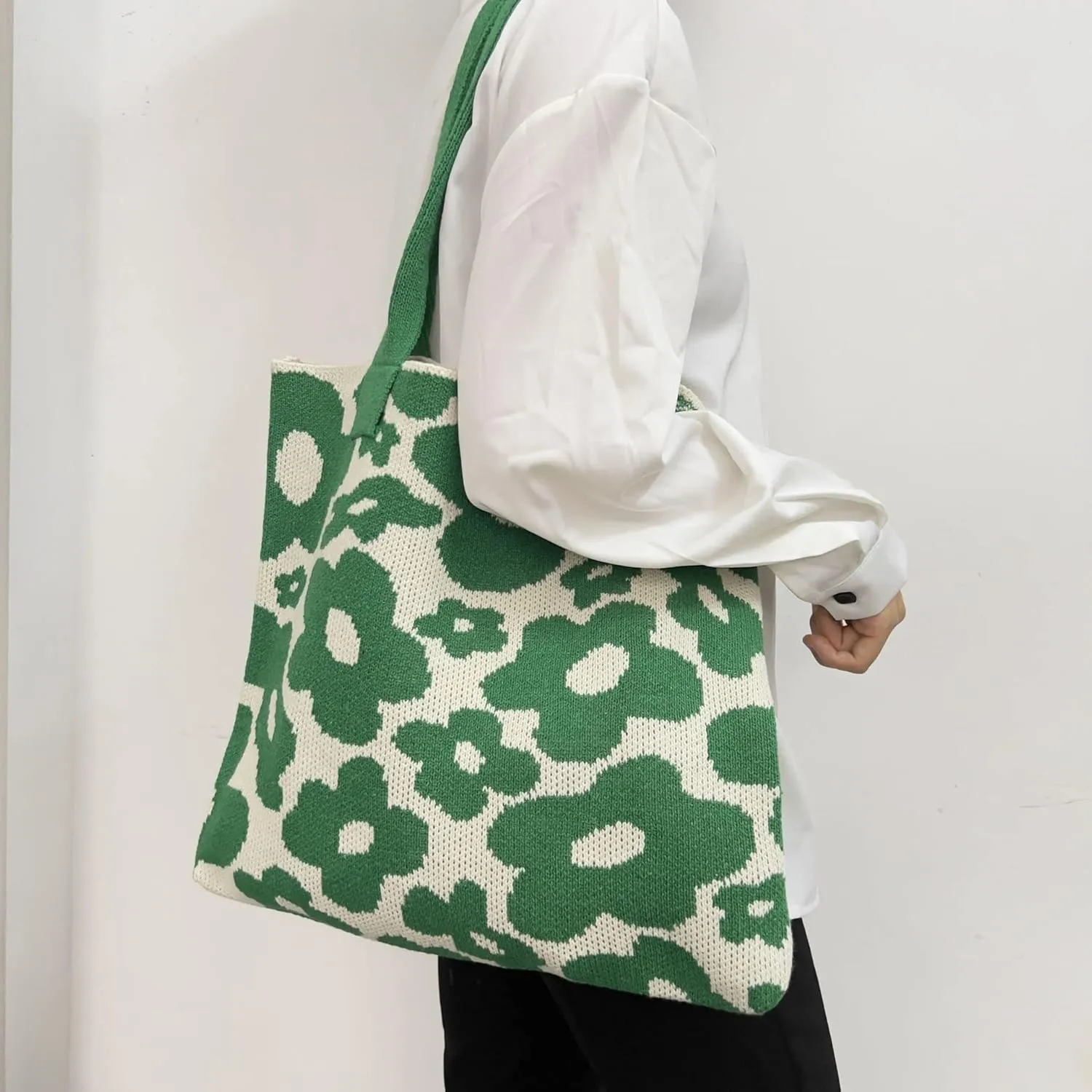 Grunge Knitted Tote Bag Y2K Fairycore Flower Shoulder Bag Aesthetic Hobo Bag Indie Crossbody Bag Alt Purse Accessories