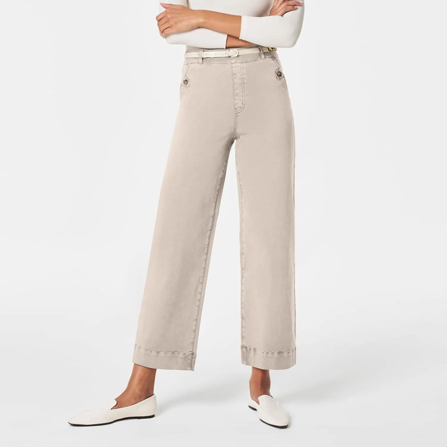 Gumipy Women Stretch Twill Cropped Wide Leg Pant High Waist Casual Capri Pants Straight Leg Chino Pants Dressy Ankle Jeans