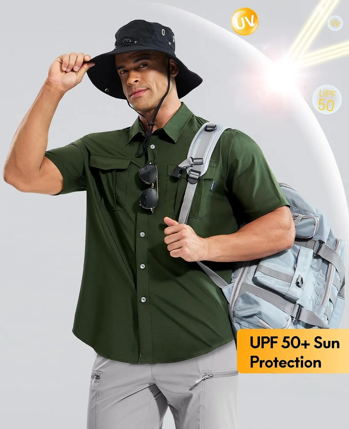 Haimont Men's Sun Protection Shirt Water Resistant Short Sleeve Button Down Shirt Quick Dry Cooling for Hiking Fishing