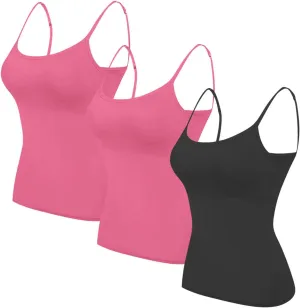 HGps8w 3 Pack Basic Camisoles for Women Bulit-in-Bra Sleeveless Undershirt Solid Color Padded Base Layer Tank Top Cami Shirts