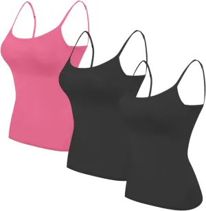 HGps8w 3 Pack Basic Camisoles for Women Bulit-in-Bra Sleeveless Undershirt Solid Color Padded Base Layer Tank Top Cami Shirts