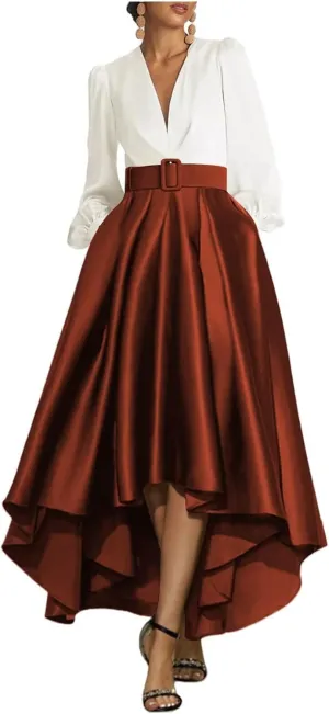 High Low Prom Dresses for Women Long Sleeve Elegant Evening Gown Satin A Line Wedding Guest Dress