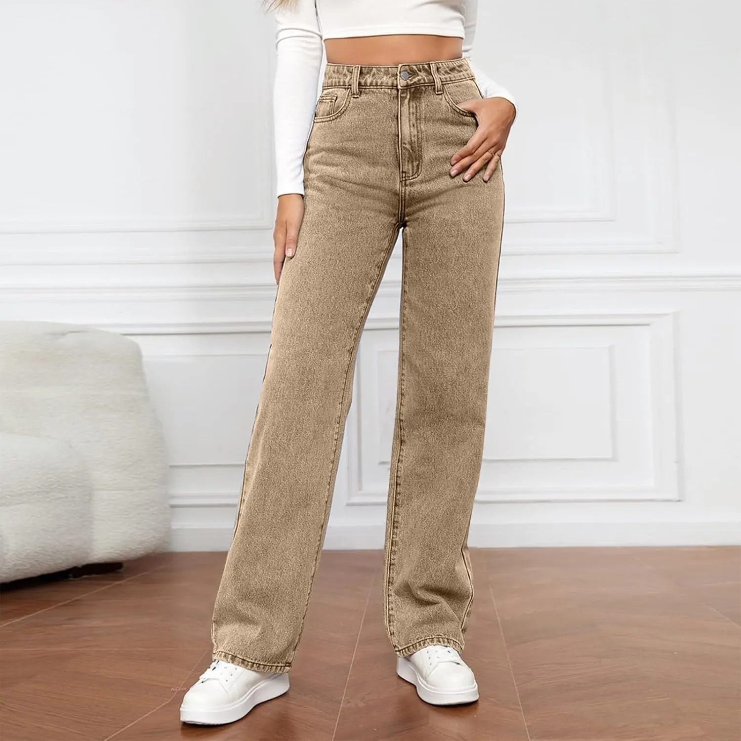 High Rise Jeans for Women Wide Leg Stretchy Pants Straight Leg Loose Denim Tummy Control Trousers with Pockets