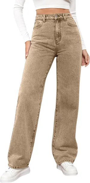 High Rise Jeans for Women Wide Leg Stretchy Pants Straight Leg Loose Denim Tummy Control Trousers with Pockets