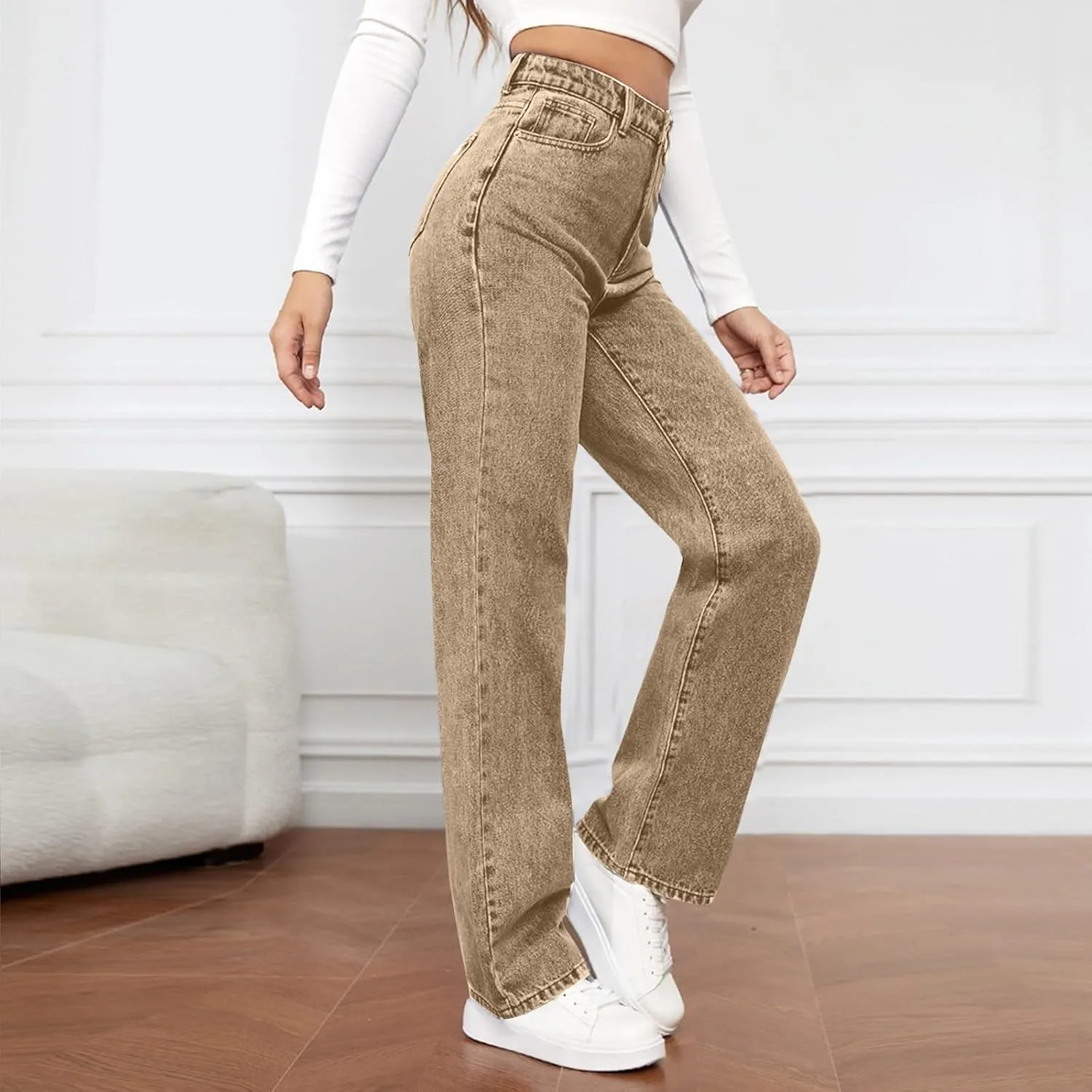 High Rise Jeans for Women Wide Leg Stretchy Pants Straight Leg Loose Denim Tummy Control Trousers with Pockets