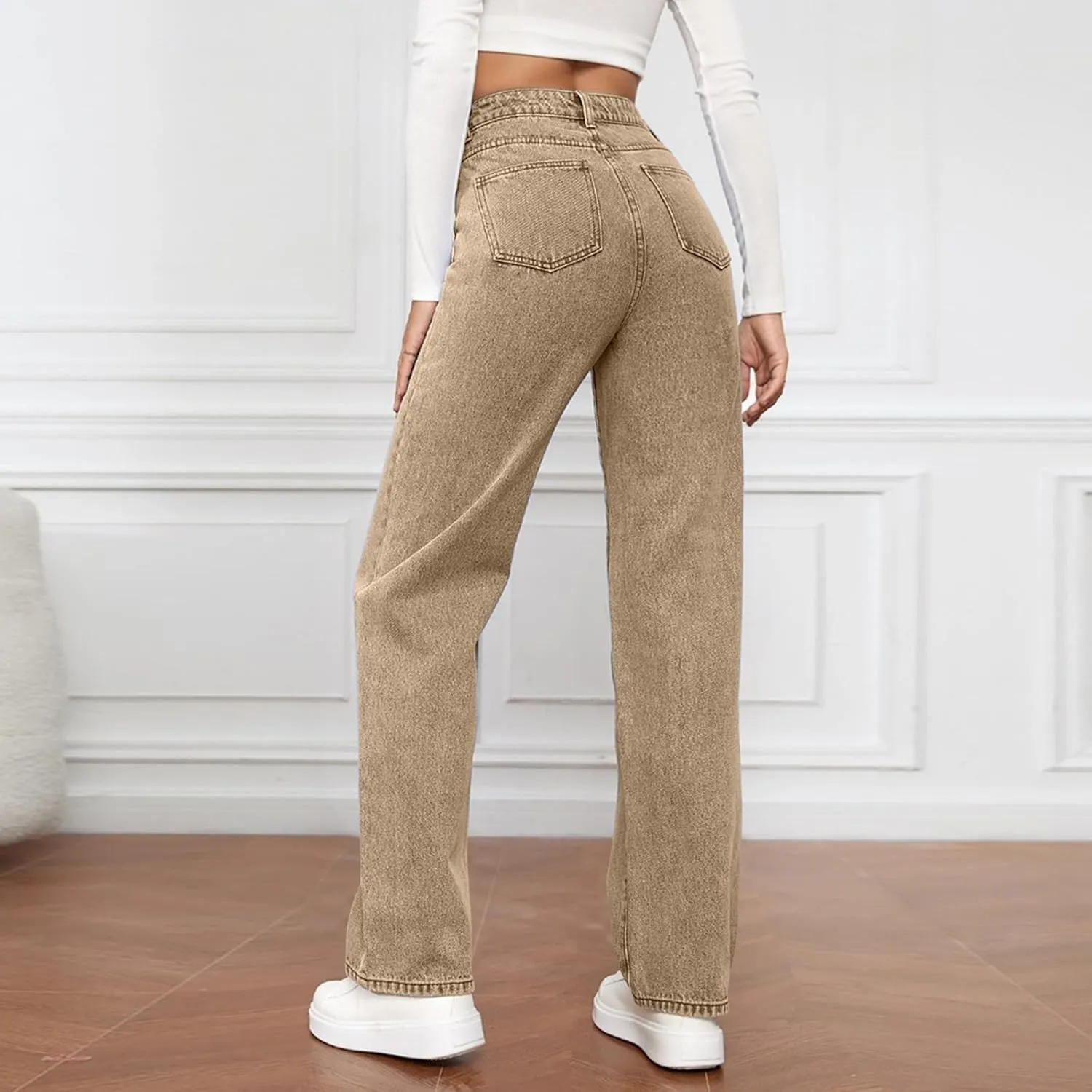 High Rise Jeans for Women Wide Leg Stretchy Pants Straight Leg Loose Denim Tummy Control Trousers with Pockets